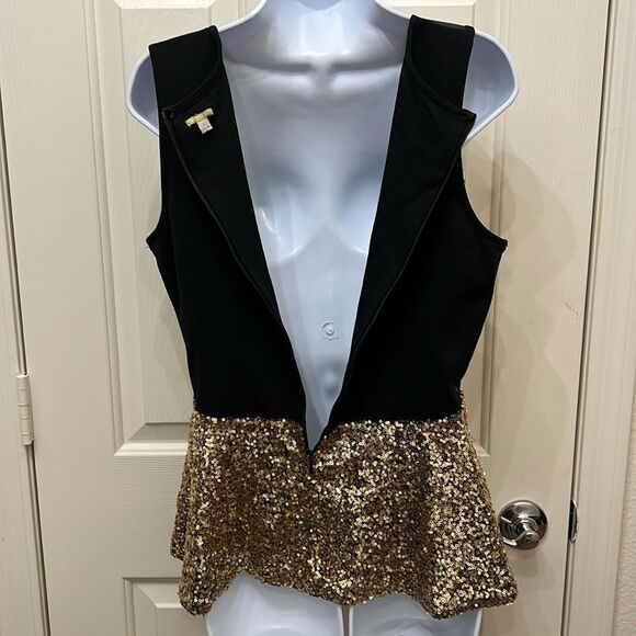 Gianni Bini Peplum Top Woman’s Gold Sequins Sheer Scoop Neck Sleeveless Large - Picture 7 of 12
